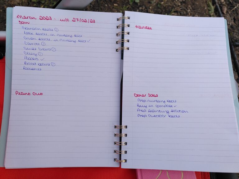 An open journal, showing a double page spread of jobs to get the garden started in early Spring.