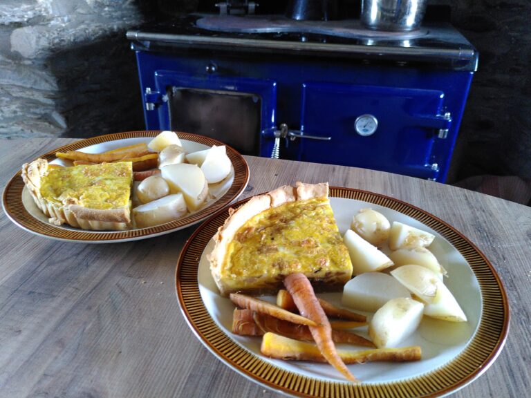 Two dinner plates set before a wood burning range cooker. Each plate contains a serving of home made quiche, steamed new potatoes and fresh garden carrots.