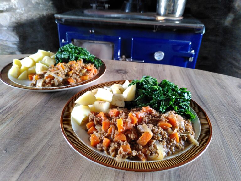 Two dinner plates pictured in a farmhouse kitchen before a woodburning range cooker. Each plate contains a serving of vegetarian mince and tatties with seasonal green vegetables.