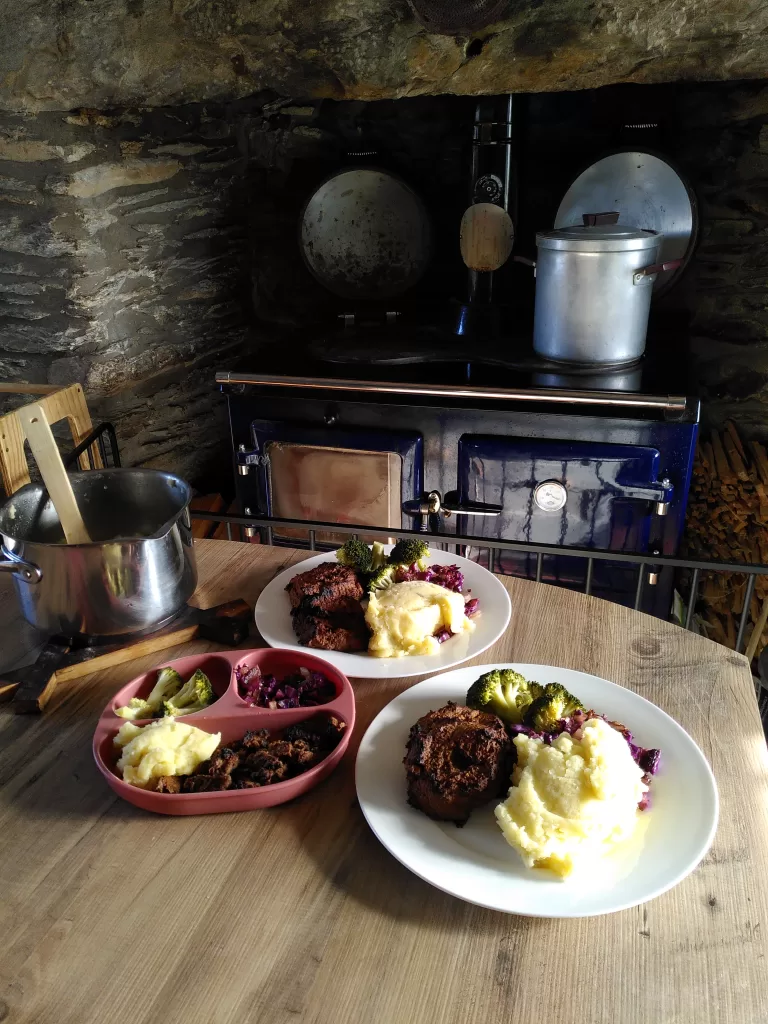 Fruit and nut burgers served with mashed potatoes, steamed broccoli, red cabbage and onion. Pictured in a farmhouse kitchen in front of a wood-burning range,