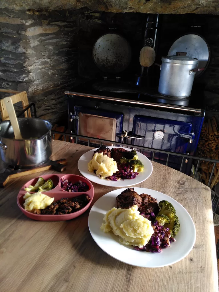 A farmhouse kitchen. Dinner plates holding a home-cooked meal situated in front of a wood-burning range cooker.