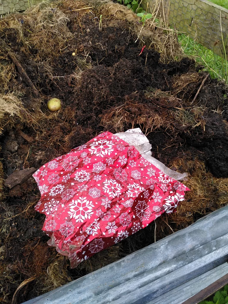 Piece of foiled Christmas wrapping paper on a compost heap.