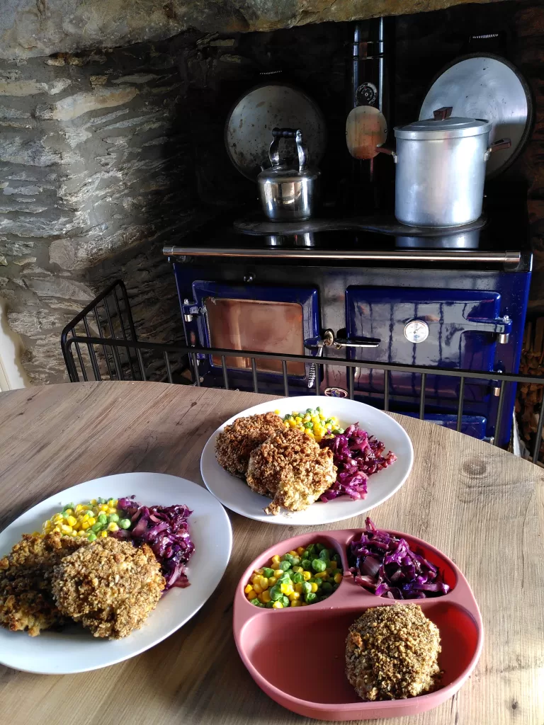 Dinner plates containing fish-less cakes and seasonal veg, positioned in front of a wood-burning range cooker in a farmhouse kitchen